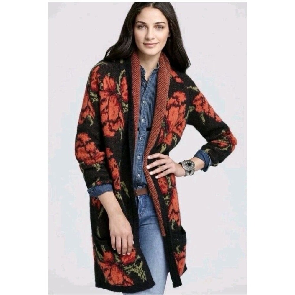 Free People Flower Power Cardigan Chunky-Knit Open Shawl Collar sz S